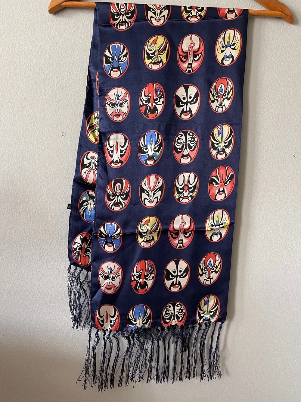 Silk Navy Scarf with Multicolor Mask Motif fringe ends